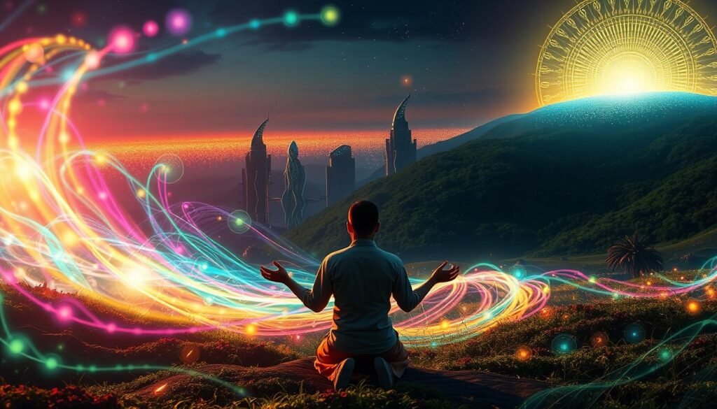 A lush, digital landscape where swirling energies converge. In the foreground, a figure clad in traditional Nusantara garb kneels, hands outstretched, channeling the vibrant auras that emanate from the earth. Surrounding them, a tapestry of intricate, glowing symbols and patterns cascade across the scene, creating an immersive, almost holographic effect. The middle ground features towering, otherworldly structures that blend seamless digital and organic elements, hinting at a harmonious fusion of technology and culture. In the distance, a shimmering horizon pulses with an ethereal, neon-tinged glow, bathing the entire composition in an otherworldly, dreamlike atmosphere. Crisp, cinematic lighting and a wide-angle lens capture the grandeur and transformative power of this "aura farming" vision.