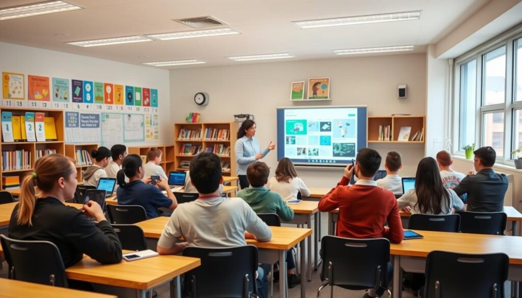 A modern, brightly lit classroom setting with rows of desks and chairs. In the foreground, a group of diverse students intently focused on their digital devices, collaborating on a learning task. The middle ground features a teacher facilitating the lesson, gesturing towards a large interactive whiteboard displaying educational content. The background showcases an array of educational posters, shelves of books, and windows letting in natural light, creating an atmosphere of learning and exploration. The scene conveys a sense of engagement, discovery, and the seamless integration of digital platforms into the educational experience.