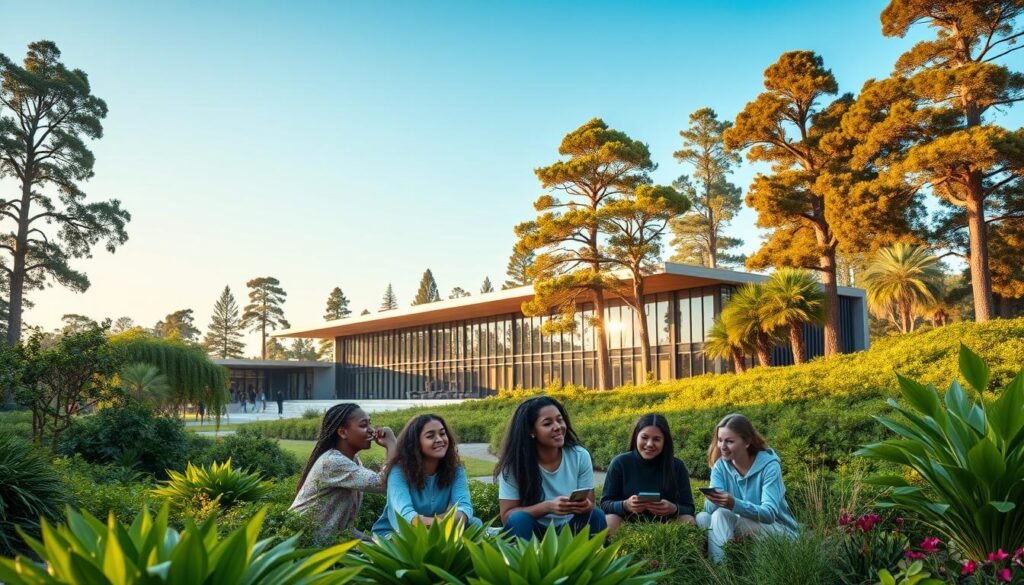 A modern, expansive corporate campus nestled amidst lush, verdant gardens. In the foreground, a group of diverse students engaged in active learning, their faces alight with curiosity and enthusiasm. The middle ground features a state-of-the-art educational facility, its sleek, glass-and-steel architecture reflecting the company's commitment to innovation. In the background, towering trees and a clear, azure sky convey a sense of tranquility and harmony, symbolizing the organization's holistic approach to education and sustainability. Soft, warm lighting casts a gentle glow over the scene, evoking a sense of nurturing and empowerment. The overall composition conveys the company's unwavering dedication to cultivating the next generation of leaders through comprehensive educational initiatives.
