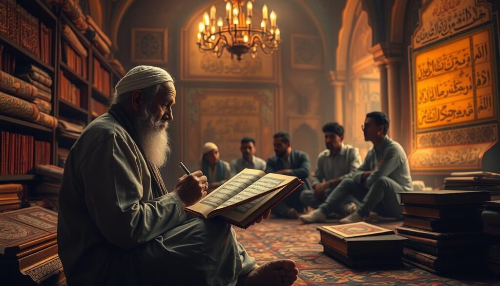 A serene, dimly lit sanctuary filled with ancient Islamic manuscripts and ornate calligraphic scrolls. In the foreground, a wise elder sits cross-legged, deep in contemplation, his weathered hands caressing the pages of a sacred tome. The middle ground features a group of students gathered around, their expressions rapt as they listen intently, absorbing the elder's teachings on the harmonious relationship between knowledge (ilmu) and righteous action (amal) in the Islamic faith. The background is shrouded in a warm, amber glow, evocative of the timeless wisdom and spiritual enlightenment found within these hallowed walls.