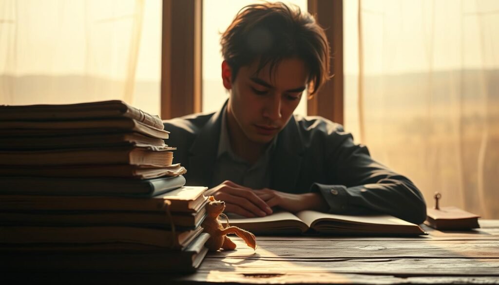 A serene yet thought-provoking scene of a scholar deeply engrossed in their studies, surrounded by a halo of warm, diffused lighting. In the foreground, a stack of ancient tomes and scrolls spill across a worn wooden desk, a testament to the pursuit of knowledge. In the middle ground, the scholar's face is cast in shadow, their expression pensive, grappling with the challenges of aligning their intellectual pursuits with righteous action. The background reveals a tranquil, contemplative landscape, hinting at the broader context of spiritual and philosophical contemplation. The overall mood is one of intellectual tension and the weight of responsibility, inviting the viewer to consider the delicate balance between knowledge and its ethical application.