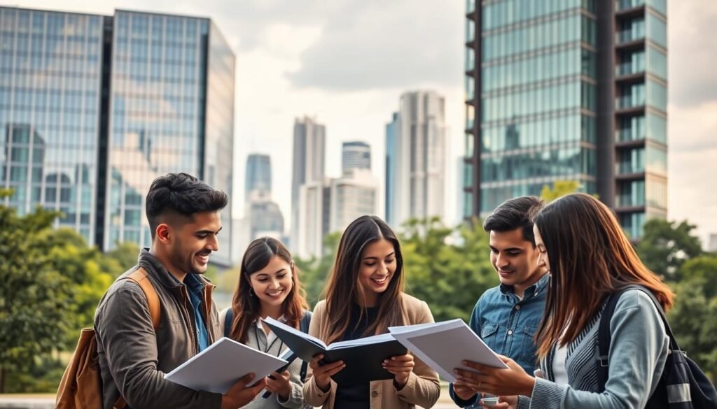 A sophisticated international business program set against a backdrop of a modern university campus. In the foreground, a group of diverse students engaged in lively discussion, their expressions animated as they pore over course materials. The middle ground features an imposing glass-and-steel academic building, its sleek architecture and clean lines conveying a sense of innovation and global connectivity. In the distance, lush greenery and towering skyscrapers create an urban, cosmopolitan atmosphere. Warm, diffused lighting casts a collegiate glow, while a slightly elevated camera angle suggests an aspirational, prestigious perspective. The overall scene evokes an elite, internationally-focused MBA program that prepares students for success in the global marketplace.