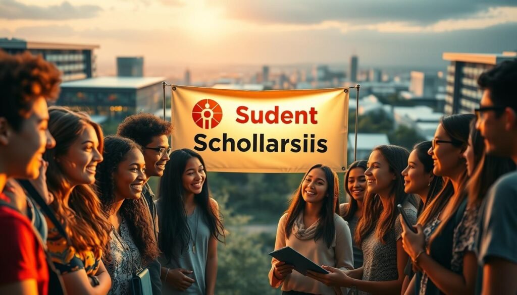 A vibrant and dynamic scene depicting a program for student scholarships. In the foreground, a diverse group of high school and university students enthusiastically engage in discussions, their faces alight with hope and excitement. The middle ground showcases a large banner displaying the program's logo and name, illuminated by warm, directional lighting that casts dramatic shadows. In the background, a blurred landscape of modern educational institutions and research facilities creates a sense of academic and intellectual rigor. The overall atmosphere conveys a spirit of opportunity, personal growth, and the transformative power of education.