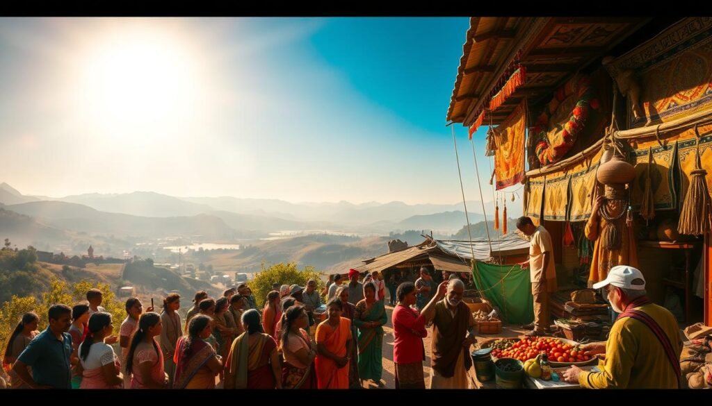 A vibrant scene of local cultural impact, bathed in warm, golden sunlight. In the foreground, a group of villagers dressed in traditional garments gather around a central structure, engaged in a lively celebration. Intricate tapestries, handcrafted tools, and ornate decorations adorn the scene, reflecting the rich heritage of the community. In the middle ground, a bustling marketplace showcases a diverse array of locally-sourced goods and produce, with merchants bartering and interacting with customers. The background is a panoramic view of rolling hills and lush, verdant landscapes, hinting at the deep connection between the people and their natural environment. The overall atmosphere conveys a sense of community, tradition, and the enduring impact of local culture on the daily lives of the people.