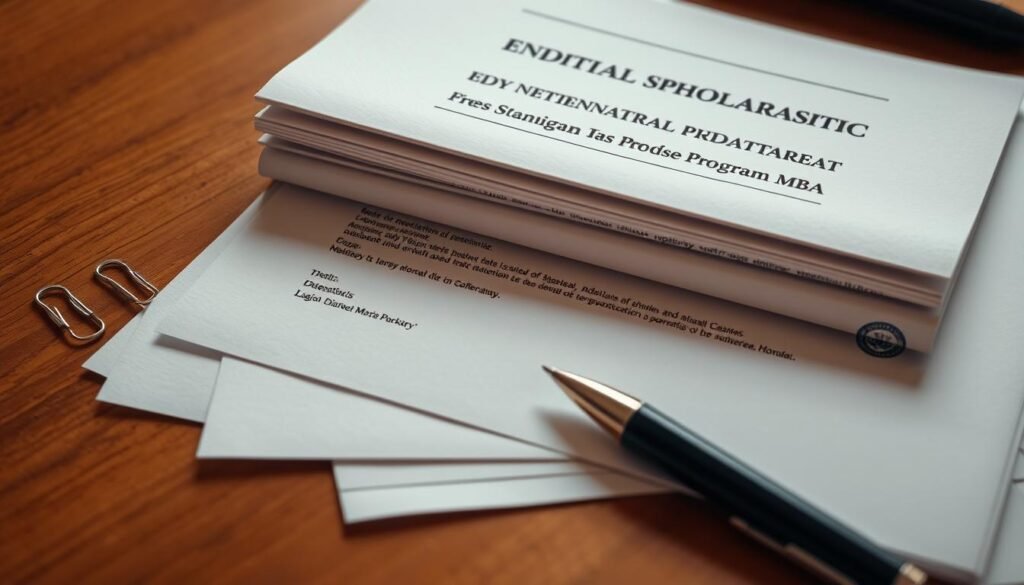 A well-lit, high-resolution image of a stack of official-looking documents, paperclips, and a pen arranged neatly on a wooden desk. The documents have a formal, government-issued appearance, with bold headings and detailed text. The lighting casts a warm, professional glow, creating a sense of authority and importance. The overall composition conveys the seriousness and attention to detail required for a scholarship application process, perfectly suited to illustrate the "Persyaratan dan Proses Pendaftaran Beasiswa Program MBA" section.