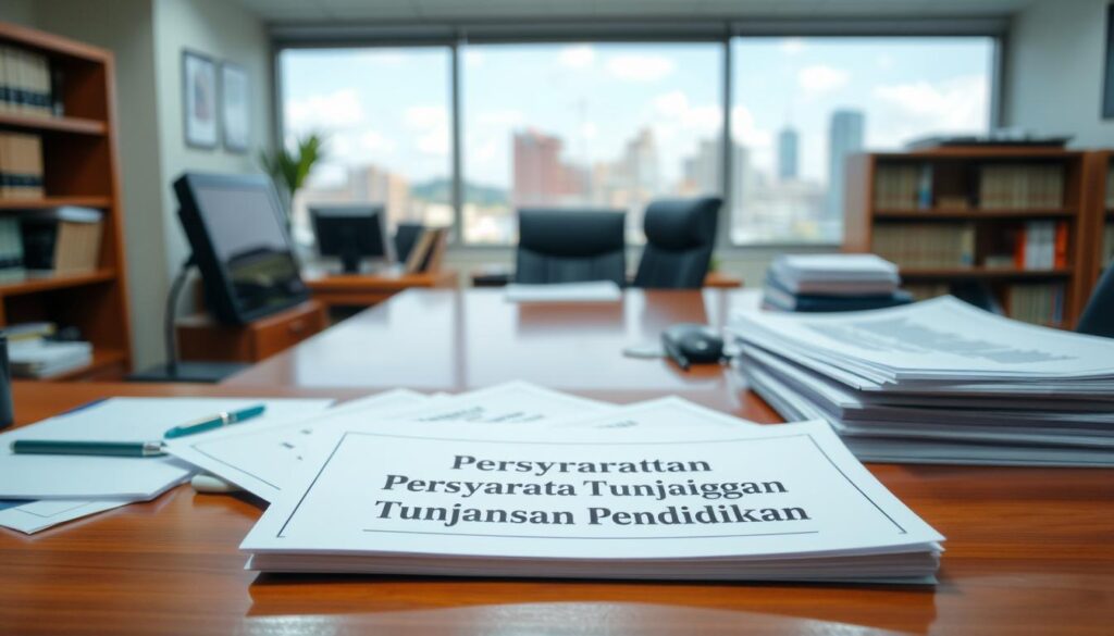 A well-lit office interior with a wooden desk, a computer monitor, and stacks of documents. In the foreground, a set of official-looking forms labeled "Persyaratan Tunjangan Pendidikan" are placed prominently. The background features a bookshelf and a window overlooking a cityscape, conveying a sense of professionalism and administrative authority. The overall mood is one of seriousness and attention to detail, reflecting the importance of the educational benefits process.