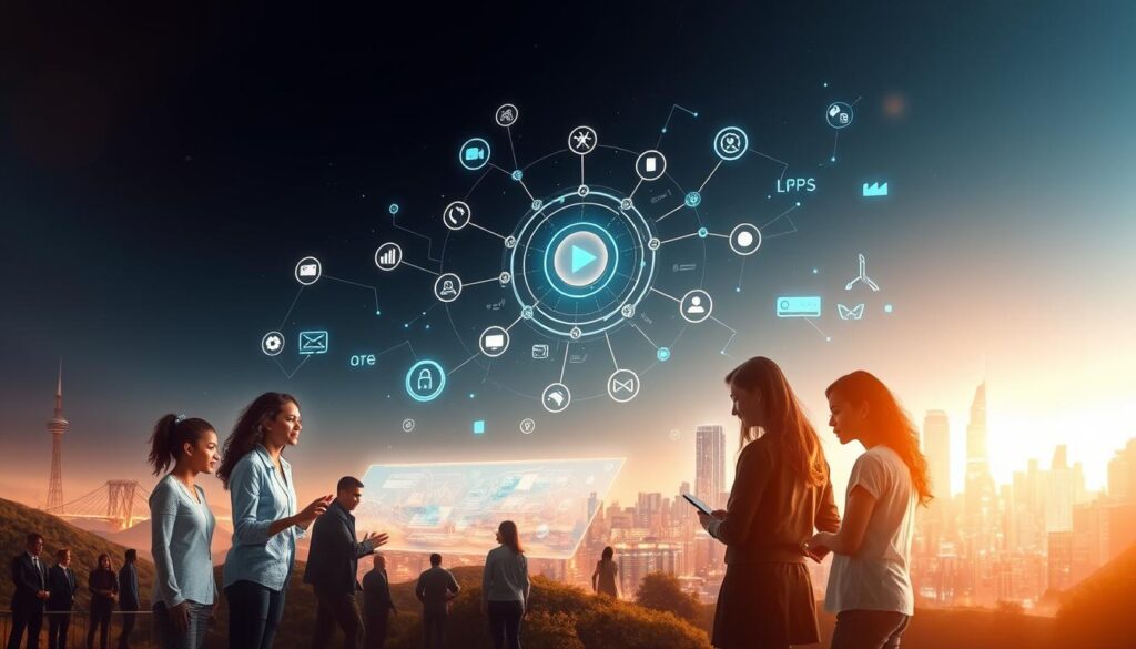 An elegant digital landscape with a vibrant, interactive digital platform at the center. The foreground features a group of diverse individuals actively engaging with the platform, their expressions reflecting a sense of empowerment and digital literacy. The middle ground showcases a constellation of digital assets, including multimedia content, tools, and resources, all seamlessly integrated into the platform. The background depicts a futuristic cityscape, with skyscrapers and technology-driven infrastructure, symbolizing the integration of digital solutions within the urban environment. The scene is illuminated by a warm, diffused lighting, creating a sense of depth and a welcoming atmosphere. The overall composition conveys the idea of digital literacy as a powerful solution, empowering individuals and communities to navigate the digital world with confidence and purpose.