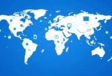 Ilustrasi Politik Ekonomi Digital Global menunjukkan jaringan global terhubung dengan simbol mata uang dan data