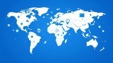 Ilustrasi Politik Ekonomi Digital Global menunjukkan jaringan global terhubung dengan simbol mata uang dan data
