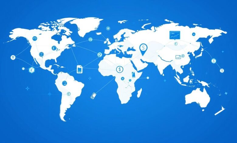 Ilustrasi Politik Ekonomi Digital Global menunjukkan jaringan global terhubung dengan simbol mata uang dan data