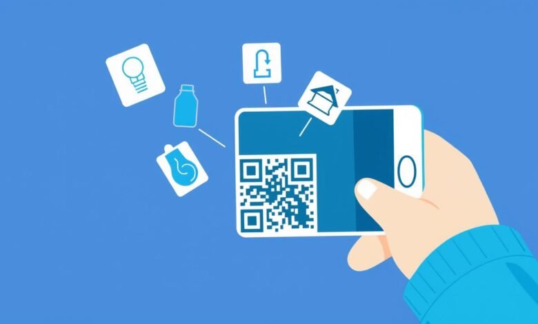 Ilustrasi QRIS untuk pembayaran tagihan rutin dengan smartphone memindai kode QR
