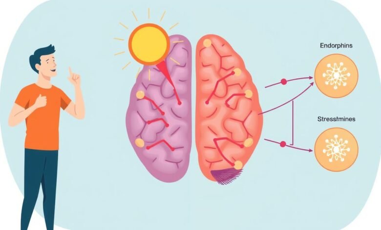 Ilustrasi hubungan aktivitas fisik dengan kesehatan mental menunjukkan orang berolahraga dan perubahan kimia otak