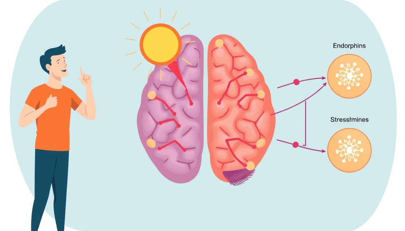 Ilustrasi hubungan aktivitas fisik dengan kesehatan mental menunjukkan orang berolahraga dan perubahan kimia otak