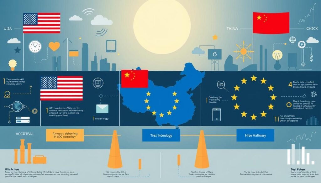 Ilustrasi persaingan teknologi antara AS, China, dan Uni Eropa dengan simbol-simbol teknologi dan kebijakan Ilustrasi persaingan teknologi antara AS, China, dan Uni Eropa dengan simbol-simbol teknologi dan kebijakan