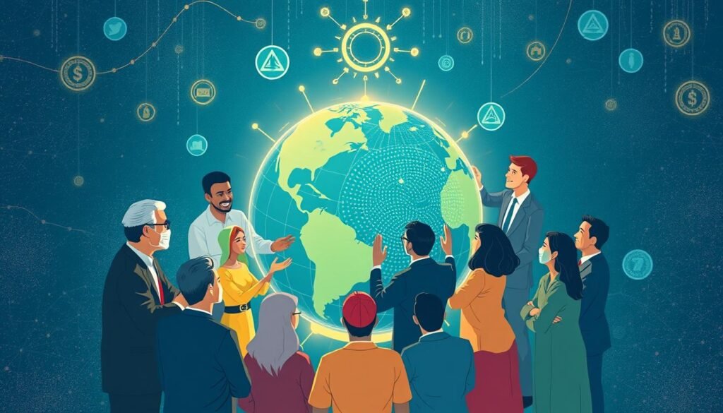 Ilustrasi tata kelola digital inklusif dengan berbagai pemangku kepentingan berkolaborasi Ilustrasi tata kelola digital inklusif dengan berbagai pemangku kepentingan berkolaborasi