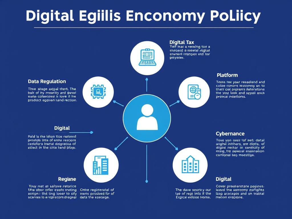 Komponen kebijakan ekonomi digital menampilkan regulasi data, perpajakan digital, dan keamanan siber Komponen kebijakan ekonomi digital menampilkan regulasi data, perpajakan digital, dan keamanan siber