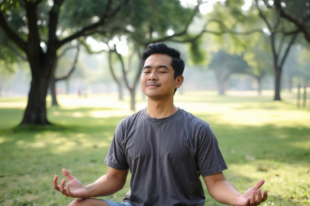 Seseorang melakukan latihan pernapasan dalam dan meditasi aktif di taman