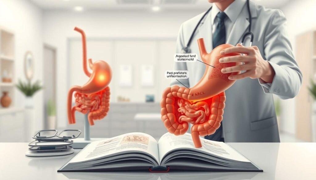 A detailed illustration depicting the complications of high stomach acid. In the foreground, show a medical professional in a smart, professional attire, examining a human anatomical model of the stomach, highlighting areas affected by acid reflux, such as inflammation and ulcers. In the middle ground, include an open medical textbook with diagrams of the digestive system. The background should feature a clean, modern clinic with soft, neutral lighting to create a calming atmosphere. Use a shallow depth of field to focus on the professional and the model, while softly blurring the background. The overall mood should be informative and serious, conveying the importance of understanding gastric complications. A detailed illustration depicting the complications of high stomach acid. In the foreground, show a medical professional in a smart, professional attire, examining a human anatomical model of the stomach, highlighting areas affected by acid reflux, such as inflammation and ulcers. In the middle ground, include an open medical textbook with diagrams of the digestive system. The background should feature a clean, modern clinic with soft, neutral lighting to create a calming atmosphere. Use a shallow depth of field to focus on the professional and the model, while softly blurring the background. The overall mood should be informative and serious, conveying the importance of understanding gastric complications.