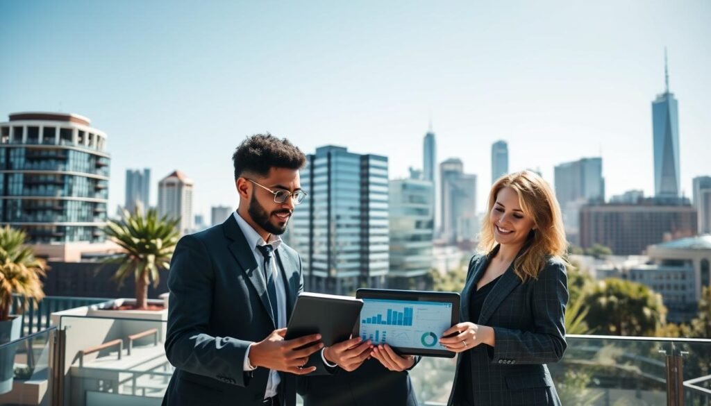 A dynamic business environment in an urban setting, showcasing the characteristics of promising business opportunities. In the foreground, a diverse group of three professionals, two men and one woman, all dressed in smart business attire, are engaged in a lively discussion over a digital tablet displaying charts and graphs. In the middle ground, modern office buildings are visible, symbolizing growth and innovation, with elements like green plants and creative workspaces. The background features a vibrant city skyline under clear blue skies, indicating optimism and potential. Soft sunlight bathes the scene, casting gentle shadows, creating an inspiring and motivational atmosphere that highlights ambition and collaboration in business ventures. A dynamic business environment in an urban setting, showcasing the characteristics of promising business opportunities. In the foreground, a diverse group of three professionals, two men and one woman, all dressed in smart business attire, are engaged in a lively discussion over a digital tablet displaying charts and graphs. In the middle ground, modern office buildings are visible, symbolizing growth and innovation, with elements like green plants and creative workspaces. The background features a vibrant city skyline under clear blue skies, indicating optimism and potential. Soft sunlight bathes the scene, casting gentle shadows, creating an inspiring and motivational atmosphere that highlights ambition and collaboration in business ventures.
