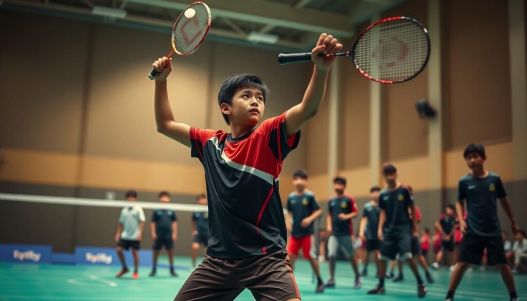 A dynamic scene capturing the essence of Indonesia's young badminton athletes in action. In the foreground, a focused young athlete, wearing a professional badminton jersey and shorts, is mid-swing, racquet raised high, showcasing determination and athleticism. The middle layer features a diverse group of young players in training, practicing their footwork and enjoying teamwork, illustrating the community spirit of badminton. In the background, an indoor badminton court with bright lighting highlights the energy of the match. The atmosphere is vibrant and inspiring, filled with hope and ambition, reflecting the splendor of Indonesia's badminton legacy. Soft shadows and warm light create an inviting ambiance, emphasizing the importance of youth sports in nurturing future champions.