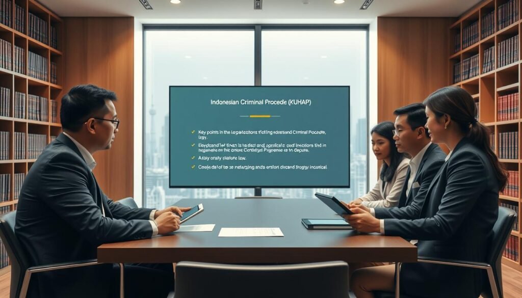 A modern conference room setting featuring legal professionals discussing the new Indonesian Criminal Procedure Code (KUHAP). In the foreground, a diverse group of three individuals in professional business attire, two men and one woman, are engaged in a serious discussion, with documents and digital tablets on the table. In the middle, a large screen displays key points of the legal reform, illuminated by bright, focused lighting. The background shows shelves filled with legal books and a contemporary window offering a view of Jakarta’s skyline, creating a blend of tradition and modernity. The mood is professional and dynamic, embodying a sense of progress and reform in Indonesian law, with a warm color palette enhancing the atmosphere. A modern conference room setting featuring legal professionals discussing the new Indonesian Criminal Procedure Code (KUHAP). In the foreground, a diverse group of three individuals in professional business attire, two men and one woman, are engaged in a serious discussion, with documents and digital tablets on the table. In the middle, a large screen displays key points of the legal reform, illuminated by bright, focused lighting. The background shows shelves filled with legal books and a contemporary window offering a view of Jakarta’s skyline, creating a blend of tradition and modernity. The mood is professional and dynamic, embodying a sense of progress and reform in Indonesian law, with a warm color palette enhancing the atmosphere.