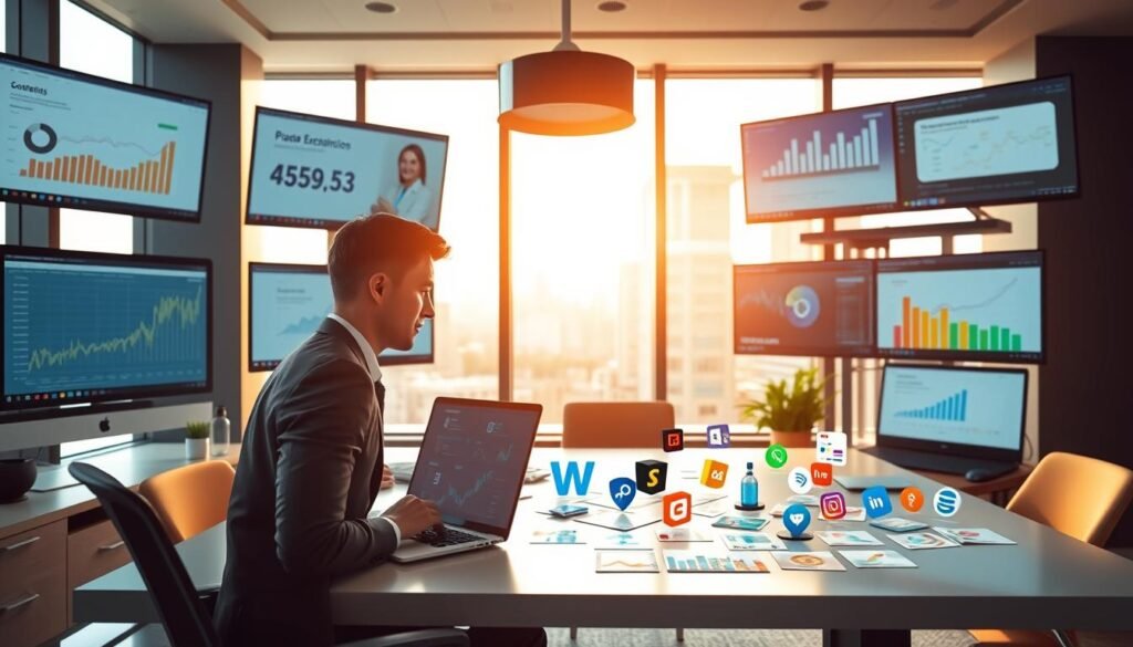 A modern, sleek office space showcasing various alternative money-making platforms on multiple computer screens. In the foreground, a person dressed in professional business attire, focused on a laptop, with charts and financial data visible on the screen. In the middle, various colorful infographics and logos representing different online platforms scattered across a stylish desk. The background features a bright, airy window with cityscape views, letting in natural sunlight, illuminating the workspace. The lighting is warm and inviting, creating a productive atmosphere. The overall mood conveys innovation, opportunity, and a diverse range of options for generating income online, evoking a sense of inspiration and empowerment. A modern, sleek office space showcasing various alternative money-making platforms on multiple computer screens. In the foreground, a person dressed in professional business attire, focused on a laptop, with charts and financial data visible on the screen. In the middle, various colorful infographics and logos representing different online platforms scattered across a stylish desk. The background features a bright, airy window with cityscape views, letting in natural sunlight, illuminating the workspace. The lighting is warm and inviting, creating a productive atmosphere. The overall mood conveys innovation, opportunity, and a diverse range of options for generating income online, evoking a sense of inspiration and empowerment.