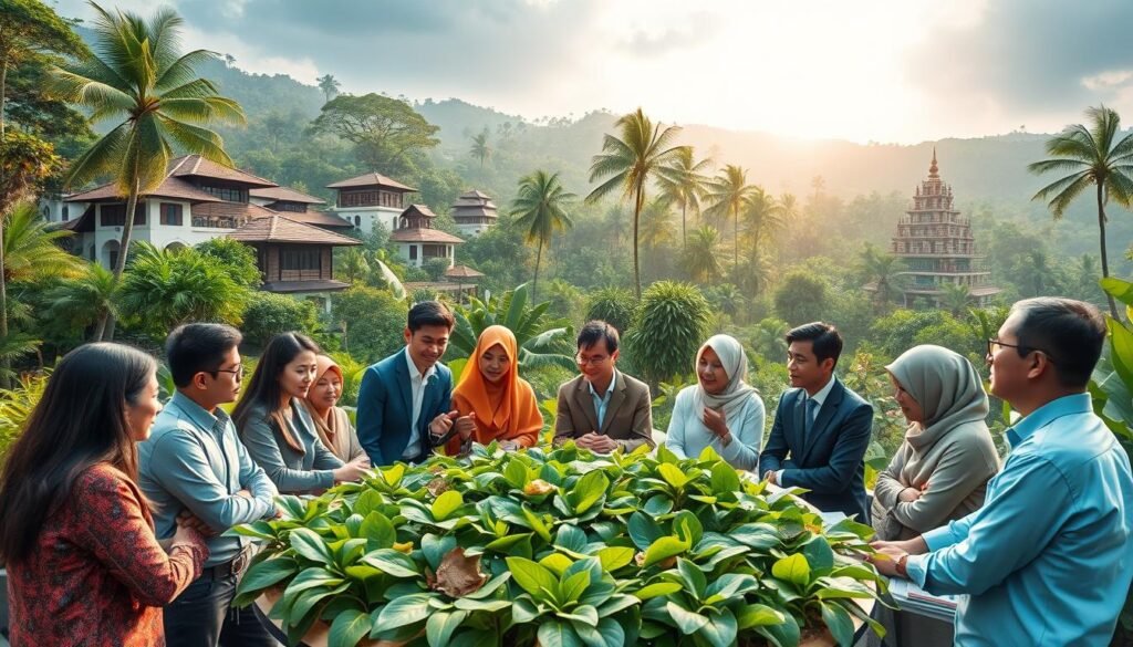 A serene landscape showcasing the pillars of environmental policy and sustainable development in Indonesia. In the foreground, a diverse group of professionals in business attire or modest casual clothing are engaged in a collaborative discussion around a table overflowing with green leaves and natural resources, symbolizing eco-friendly practices. The middle ground features a blend of traditional Indonesian architecture and modern eco-buildings, integrating nature with urban landscapes. The background is a lush tropical forest with rays of sunlight filtering through, creating a warm, hopeful atmosphere. The angle is slightly elevated, providing a panoramic view of the harmonious relationship between people, architecture, and nature. Bright, vivid colors emphasize the vibrancy of sustainable living while maintaining a tone of professionalism and optimism. A serene landscape showcasing the pillars of environmental policy and sustainable development in Indonesia. In the foreground, a diverse group of professionals in business attire or modest casual clothing are engaged in a collaborative discussion around a table overflowing with green leaves and natural resources, symbolizing eco-friendly practices. The middle ground features a blend of traditional Indonesian architecture and modern eco-buildings, integrating nature with urban landscapes. The background is a lush tropical forest with rays of sunlight filtering through, creating a warm, hopeful atmosphere. The angle is slightly elevated, providing a panoramic view of the harmonious relationship between people, architecture, and nature. Bright, vivid colors emphasize the vibrancy of sustainable living while maintaining a tone of professionalism and optimism.