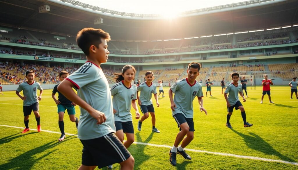 A vibrant athletic scene capturing young Indonesian athletes showcasing their talents on a lush green soccer field and strength training arena. In the foreground, focus on a group of energetic young male and female athletes in modest athletic wear, demonstrating teamwork and determination as they engage in soccer drills. The middle ground features a strength training area where another group of athletes lifts weights and practices their routines, radiating vigor and focus. In the background, a sunlit stadium is filled with excited spectators. Use warm, natural lighting to evoke a sense of motivation and energy, with a dynamic angle that emphasizes the athletes' movements and expressions. The overall mood is inspirational and empowering, reflecting the potential of future sports stars.