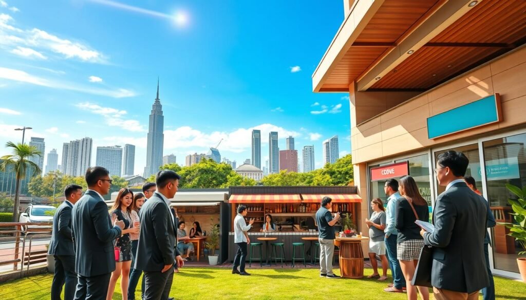 A vibrant, dynamic scene showcasing the top business opportunities in Indonesia today. In the foreground, a diverse group of professionals, including men and women dressed in smart business attire, are engaged in discussion and collaboration. In the middle ground, various small business setups are depicted: a bustling digital marketing firm, a cozy coffee shop with customers enjoying their drinks, and an eco-friendly product store. In the background, the iconic skyline of Jakarta can be seen under a bright blue sky. Soft, warm lighting enhances the inviting atmosphere of entrepreneurship, while a slight lens flare adds an optimistic touch. The overall mood is one of innovation and growth, illustrating the entrepreneurial spirit thriving in Indonesia. A vibrant, dynamic scene showcasing the top business opportunities in Indonesia today. In the foreground, a diverse group of professionals, including men and women dressed in smart business attire, are engaged in discussion and collaboration. In the middle ground, various small business setups are depicted: a bustling digital marketing firm, a cozy coffee shop with customers enjoying their drinks, and an eco-friendly product store. In the background, the iconic skyline of Jakarta can be seen under a bright blue sky. Soft, warm lighting enhances the inviting atmosphere of entrepreneurship, while a slight lens flare adds an optimistic touch. The overall mood is one of innovation and growth, illustrating the entrepreneurial spirit thriving in Indonesia.