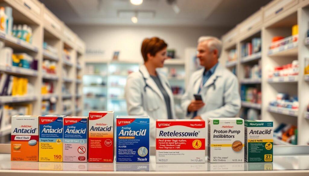 A visually appealing and informative composition featuring various over-the-counter medications for acid reflux on a clean, well-organized pharmacy shelf. In the foreground, display several branded boxes of antacids and proton pump inhibitors, arranged neatly. In the middle, include a consultation area with a healthcare professional, dressed in a white lab coat, discussing options with a patient dressed in modest casual clothing. The background should have an inviting pharmacy environment with warm, soft lighting that creates a welcoming atmosphere. The overall mood is one of trust and reassurance, emphasizing the importance of seeking medical advice for acid reflux treatment. Use a slight depth of field effect to focus on the medications while gently blurring the background, capturing a professional yet approachable scene. A visually appealing and informative composition featuring various over-the-counter medications for acid reflux on a clean, well-organized pharmacy shelf. In the foreground, display several branded boxes of antacids and proton pump inhibitors, arranged neatly. In the middle, include a consultation area with a healthcare professional, dressed in a white lab coat, discussing options with a patient dressed in modest casual clothing. The background should have an inviting pharmacy environment with warm, soft lighting that creates a welcoming atmosphere. The overall mood is one of trust and reassurance, emphasizing the importance of seeking medical advice for acid reflux treatment. Use a slight depth of field effect to focus on the medications while gently blurring the background, capturing a professional yet approachable scene.